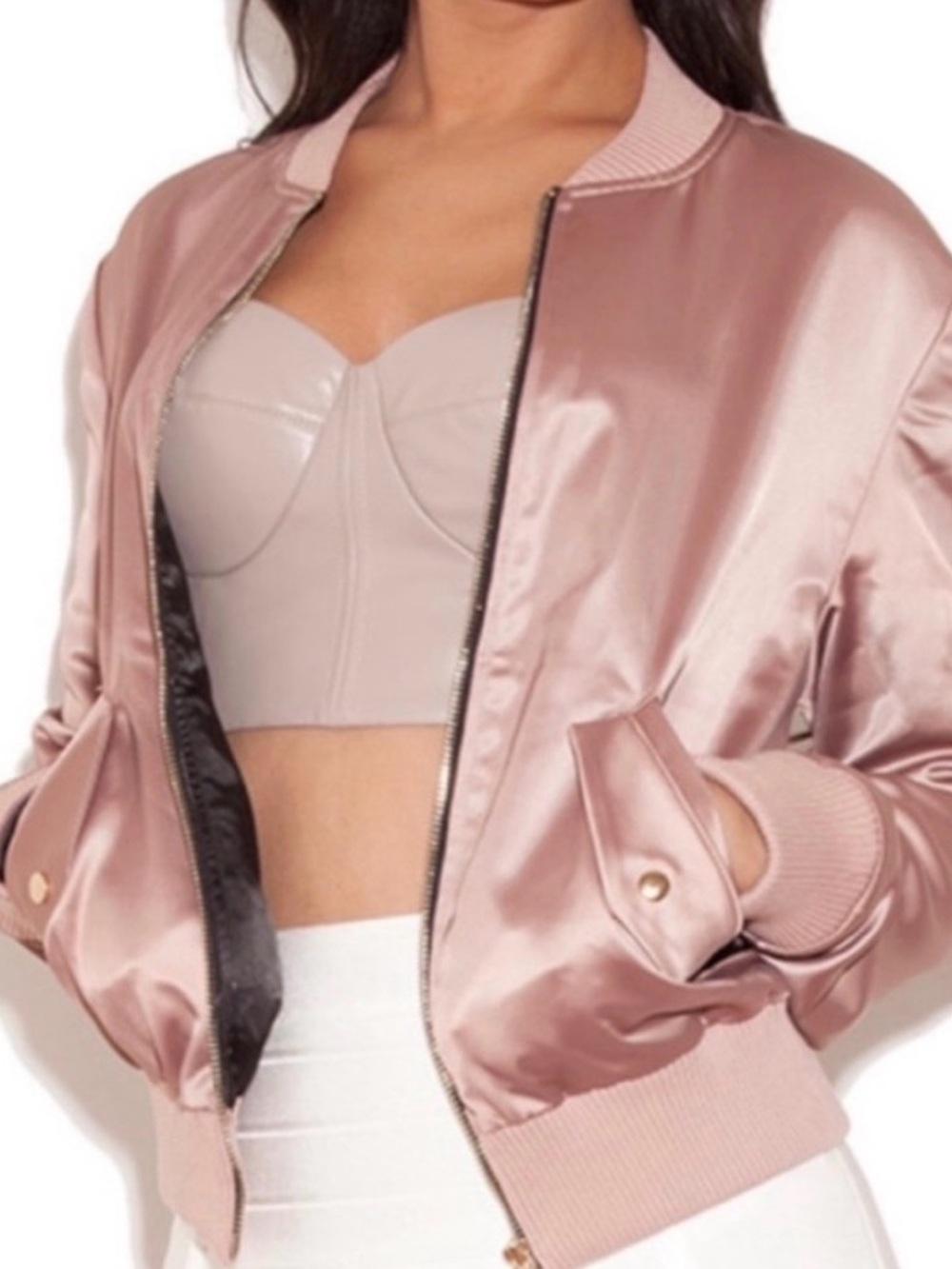 House of CB Dusty Rose Satin Bomber cargo Jacket AS IS xsmall pockets